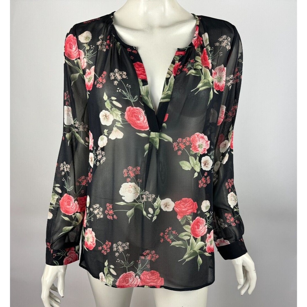 Joie Maurelle Silk Floral Blouse Women L EUC Long Sleeve Sheer V-neck Top Black